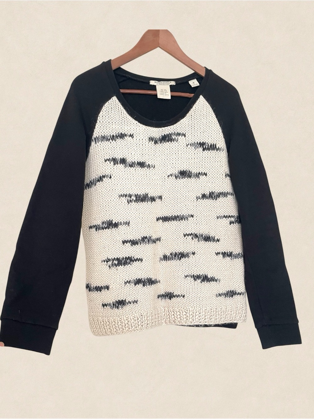 Maison Scotch Alpaca Blend Mixed Media Sweater Size 2 Medium Black Cream Cozy